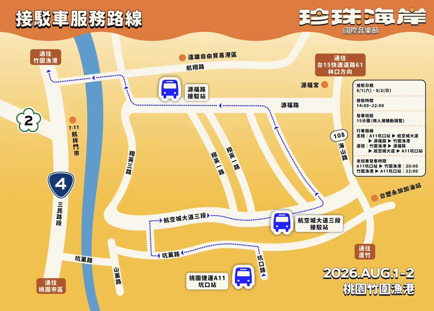 接駁車服務路線地圖：A11 坑口站往返竹圍漁港，接駁時間 14:00 至 22:00、班距約 15 分鐘，沿線設源福路與航空城大道三段接駁站