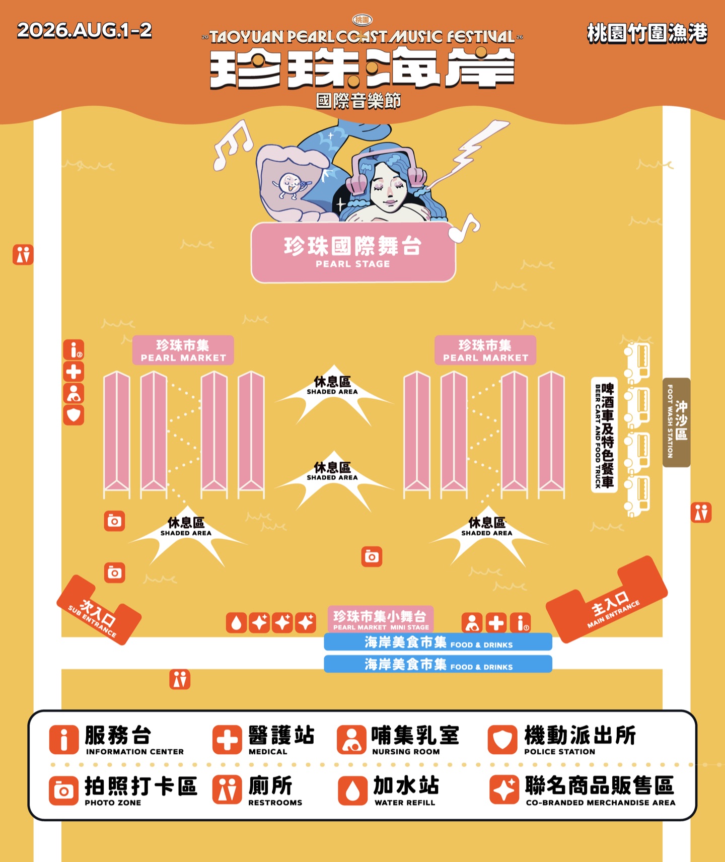 珍珠海岸音樂節會場內部配置圖：珍珠國際舞台、珍珠市集小舞台、珍珠市集、海岸美食市集、聯名商品販售區、休息區、沖沙區與主次入口